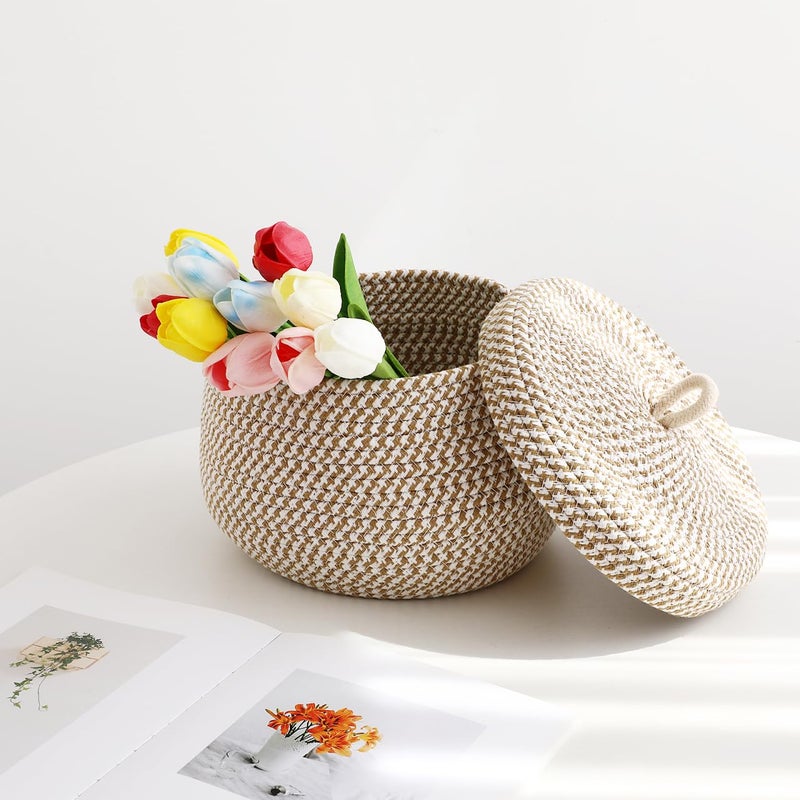 DOITOOL Cotton Rope Storage Basket with Lid, Round Basket with Lid, Decorative Small Woven Baskets for Organizing for Home Storage, Living Room - Image 2