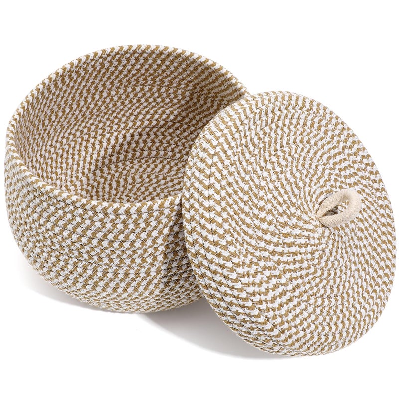 DOITOOL Cotton Rope Storage Basket with Lid, Round Basket with Lid, Decorative Small Woven Baskets for Organizing for Home Storage, Living Room - Image 1