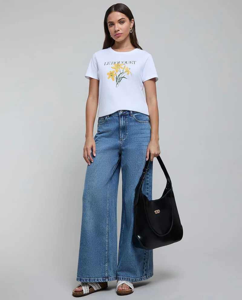 أر أند بي Printed T-Shirt with Crew Neck and Short Sleeves