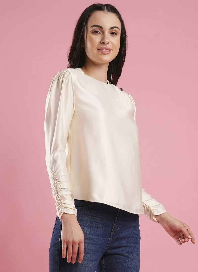 جلو باص بلوزة نسائية بياقة دائرية سادة