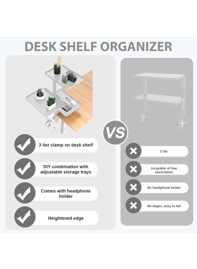 XiuWoo 3-Tier Metal Clamp-On Desk Shelf Organizer, Adjustable Metal Storage Tray, Headphone Desktop Stand , Under Desk Extension Shelving Unit, No Drilling Anti-Slip Exender Shelf for Home Office - Image 5