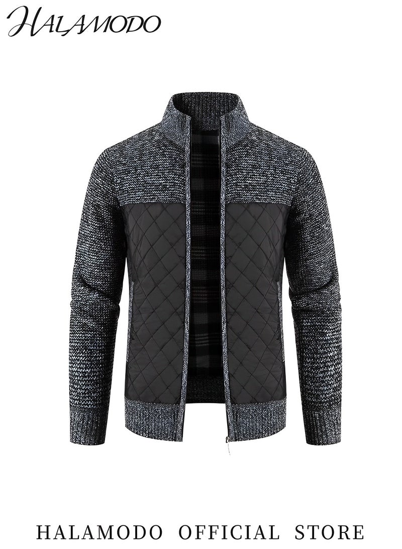 HALAMODO Men's Cardigan Sweaters Long Sleeve Casual Slim Fit Full Zip Quilted Sweaters Thick Business Jacket Casual Knit Coats Stand Collar Regular Outerwear with Pockets  - Image 2