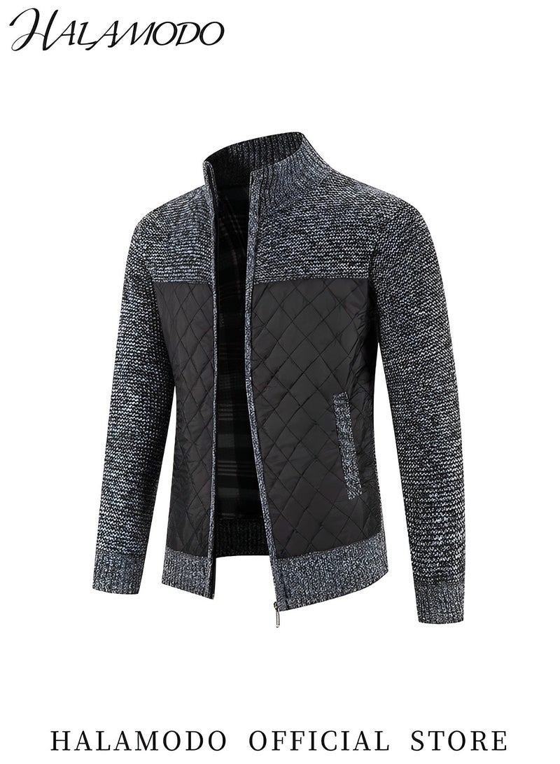 HALAMODO Men's Cardigan Sweaters Long Sleeve Casual Slim Fit Full Zip Quilted Sweaters Thick Business Jacket Casual Knit Coats Stand Collar Regular Outerwear with Pockets  - Image 3