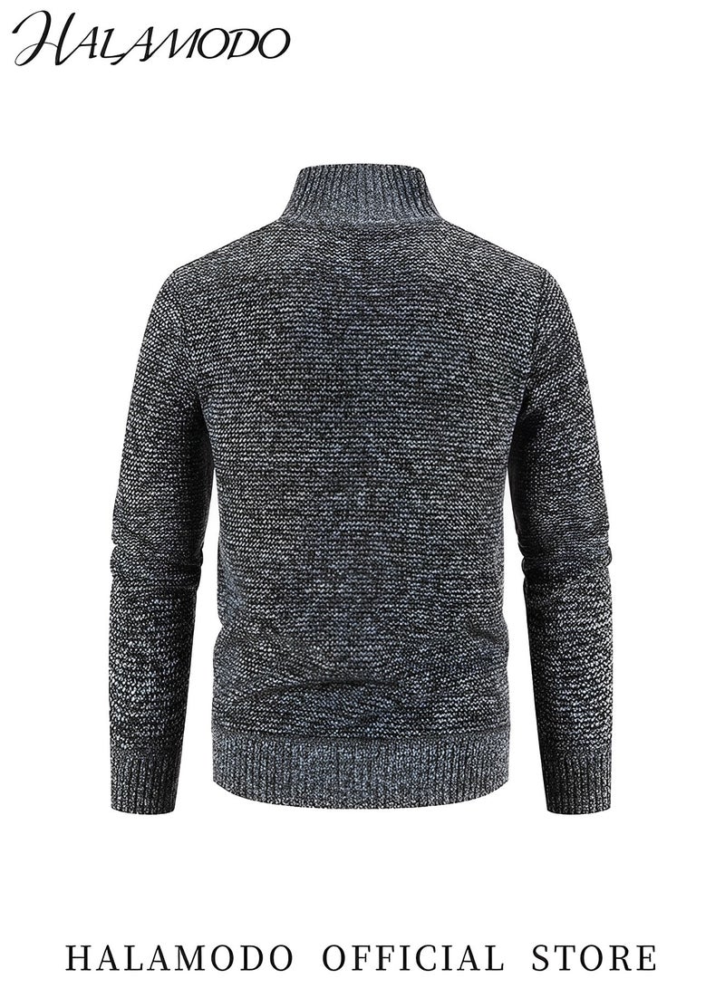 HALAMODO Men's Cardigan Sweaters Long Sleeve Casual Slim Fit Full Zip Quilted Sweaters Thick Business Jacket Casual Knit Coats Stand Collar Regular Outerwear with Pockets  - Image 4
