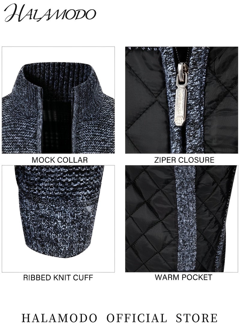 HALAMODO Men's Cardigan Sweaters Long Sleeve Casual Slim Fit Full Zip Quilted Sweaters Thick Business Jacket Casual Knit Coats Stand Collar Regular Outerwear with Pockets  - Image 5