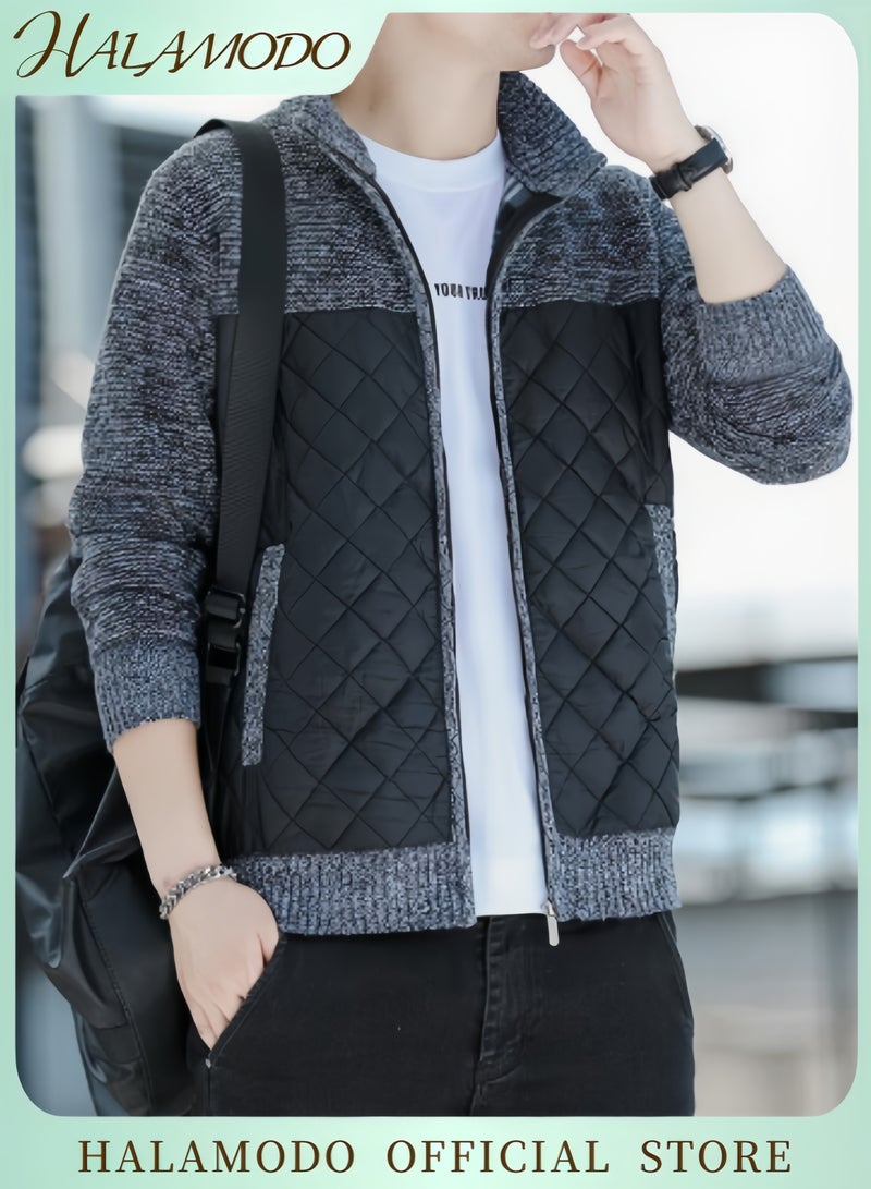 HALAMODO Men's Cardigan Sweaters Long Sleeve Casual Slim Fit Full Zip Quilted Sweaters Thick Business Jacket Casual Knit Coats Stand Collar Regular Outerwear with Pockets  - Image 1