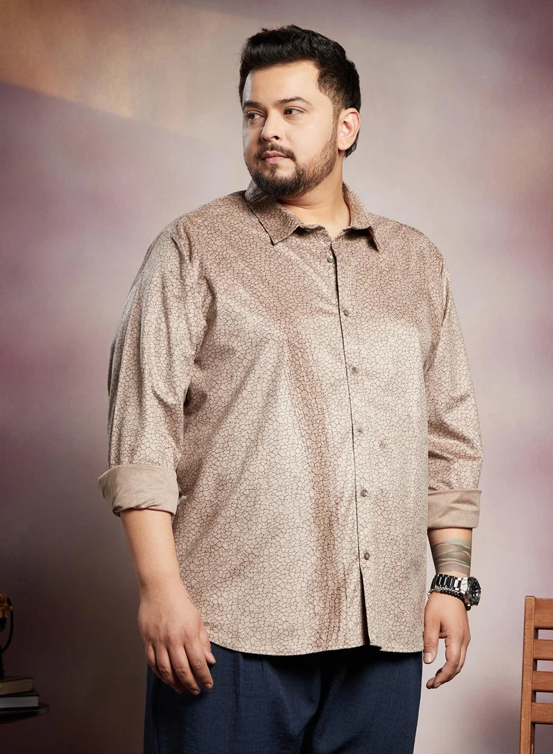 Instafab Plus  Instafab Plus Men's Peanut Brown Crevice-Tactile Shirt For Casual Wear | Spread Collar | Long Cuffed Sleeves | Button Closure | Plus Size Shirt Crafted With Comfort Fit For Everyday Wear for Men | Best Price UAE