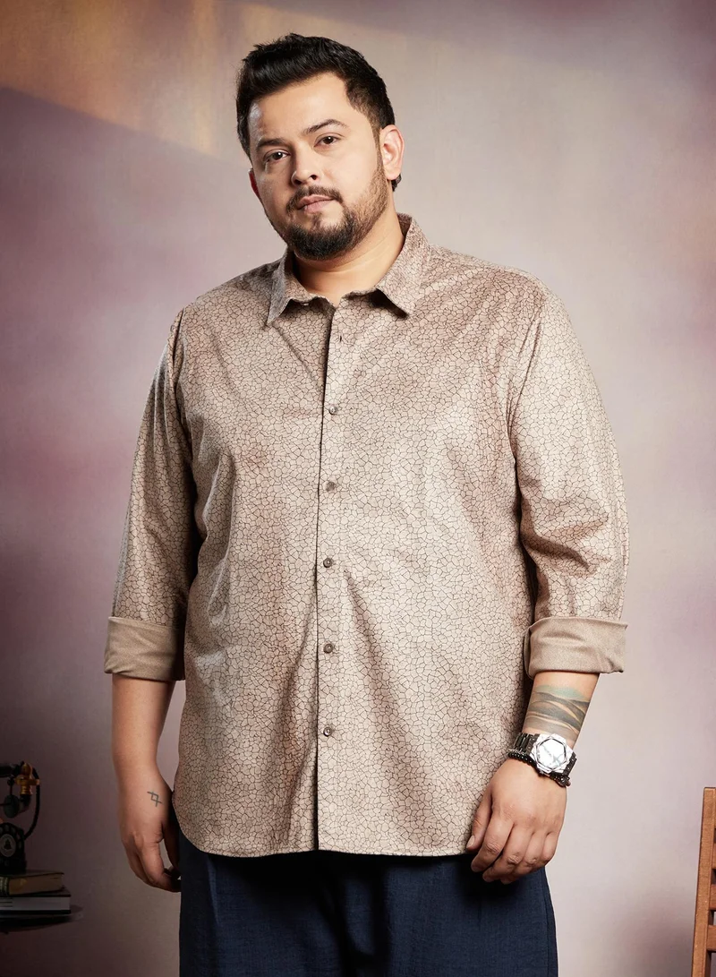 Instafab Plus Men's Peanut Brown Crevice-Tactile Shirt For Casual Wear | Spread Collar | Long Cuffed Sleeves | Button Closure | Plus Size Shirt Crafted With Comfort Fit For Everyday Wear