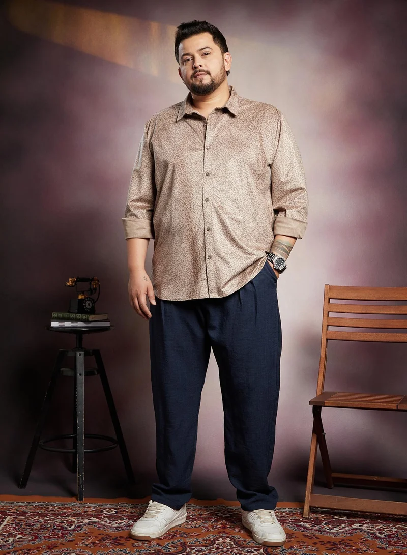 Instafab Plus  Instafab Plus Men's Peanut Brown Crevice-Tactile Shirt For Casual Wear | Spread Collar | Long Cuffed Sleeves | Button Closure | Plus Size Shirt Crafted With Comfort Fit For Everyday Wear for Men | Best Price UAE