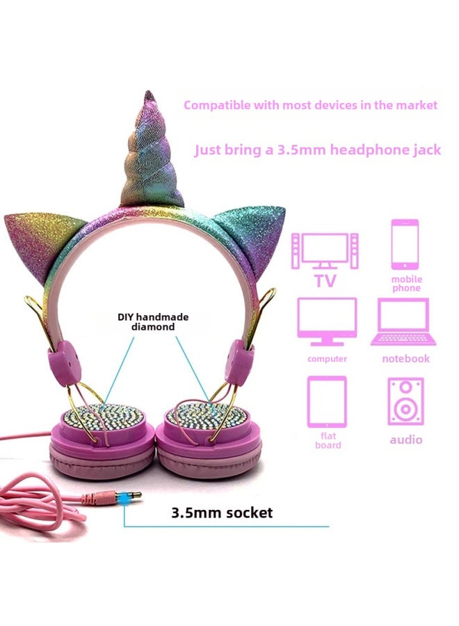 Headset Hot-selling Unicorn Cartoon Mobile Phone Computer Gift Wired Children's Headphones-Color:With Bracelet  - Image 4