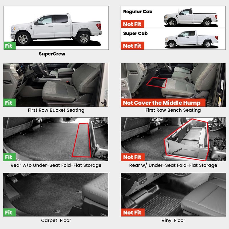 LASFIT Floor Mats for Ford F-150 2015-2026 | F150 Lightning 2022-2025 SuperCrew (Rear w/o Fold Flat Storage) Carpet Floor All Weather Protector TPE Truck Liners- 1st & 2nd Row, 3pcs Black - Image 2