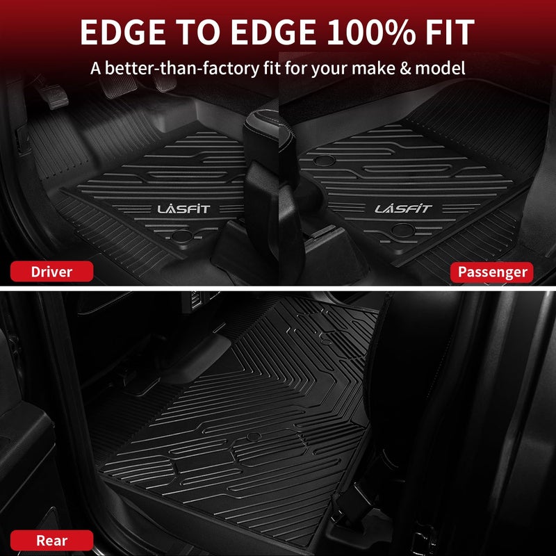 LASFIT Floor Mats for Ford F-150 2015-2026 | F150 Lightning 2022-2025 SuperCrew (Rear w/o Fold Flat Storage) Carpet Floor All Weather Protector TPE Truck Liners- 1st & 2nd Row, 3pcs Black - Image 5