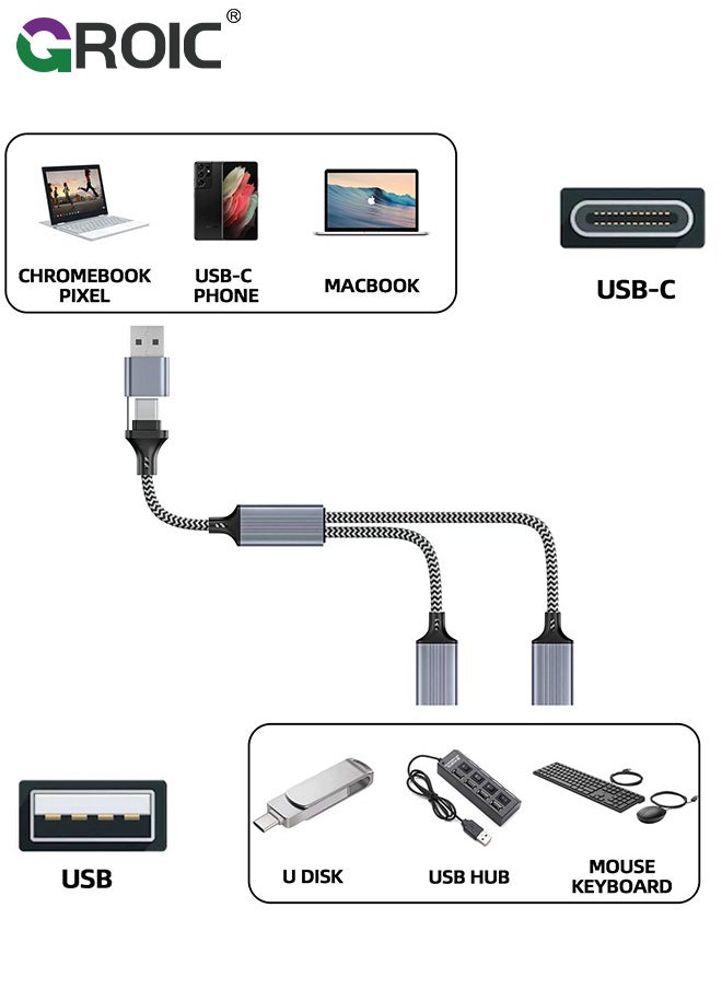 GROIC - USB C/USB A Male to Dual USB Female Cable Adapter, Thunderbolt 3 to Double Type A 2.0 OTG Splitter Cord Converter Multiple Hub for MacBook Pro, iPad Air 5 Mini 6, iPhone 15, Microsoft Surface GO - Image 1