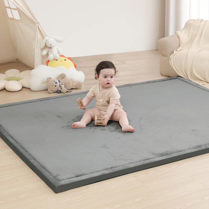 Huloo Sleep Baby Play Mat for Floor,1.3" Thick Memory foam Tummy Time Mat,Water Repellent Soft Velvet Nursery Rug,Extra Large Non Slip for Crawling,Toddlers,Infants,kids,Tatami Style for Living Room(Dark Grey) - Image 1
