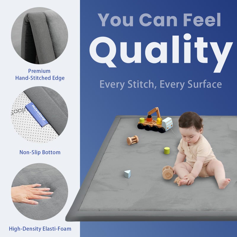 Huloo Sleep Baby Play Mat for Floor,1.3" Thick Memory foam Tummy Time Mat,Water Repellent Soft Velvet Nursery Rug,Extra Large Non Slip for Crawling,Toddlers,Infants,kids,Tatami Style for Living Room(Dark Grey) - Image 3