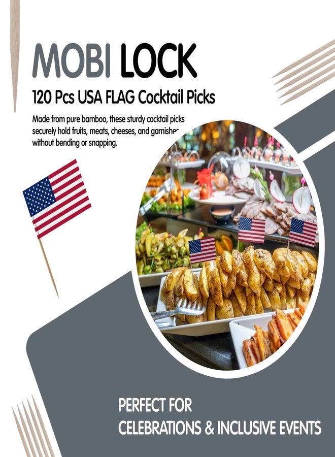 Mobi Lock 120 Pcs USA Flag Cocktail Picks - 6.5cm (2.5in) Bamboo Toothpicks with Mini Flags - Sturdy Food & Drink Garnish Picks for Parties, Bars, Catering & Events - by Mobi Lock - Image 2