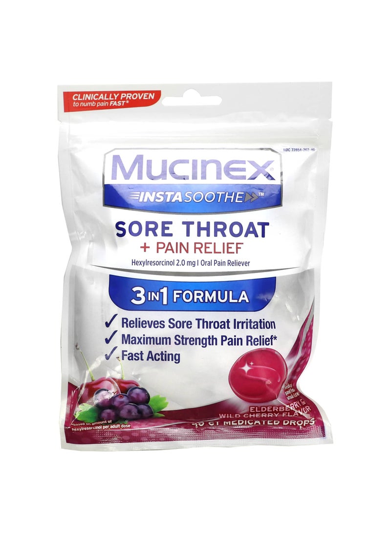 InstaSoothe, Sore Throat + Pain Relief, Elderberry & Wild Cherry, 2 mg, 40 Medicated Drops