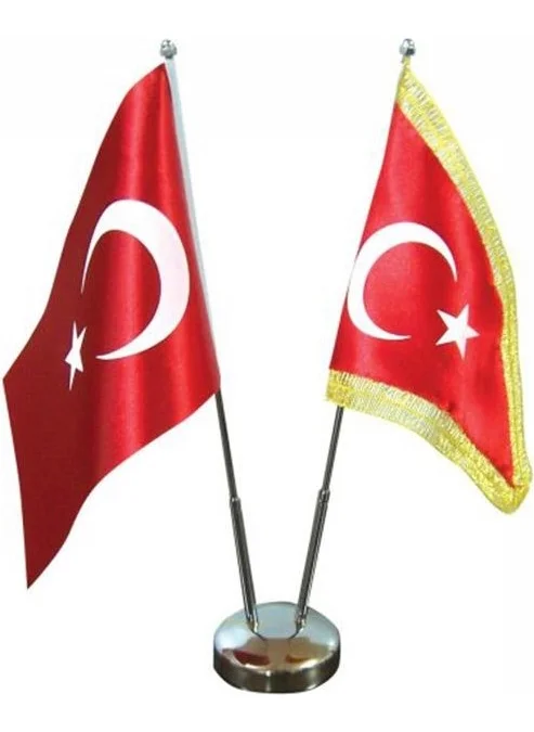 ساترنديزاين Table Top Turkish Flag, One Silvery + Two Chrome Poles Table Flag Set