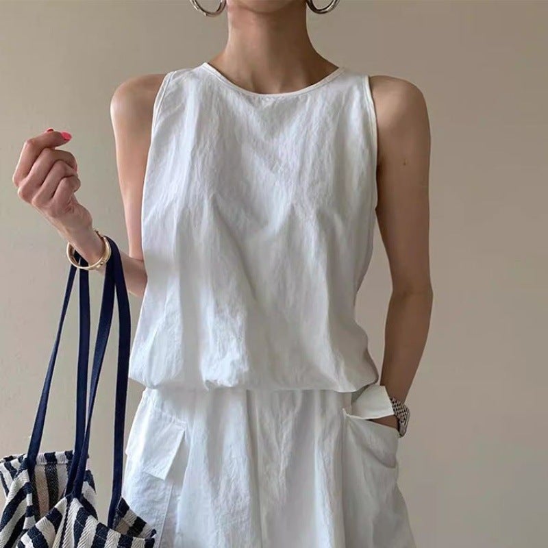 2024 summer French temperament solid color zipper vest shirt elastic waist pants skirt skirt two-piece fashion Gray vest - Image 2