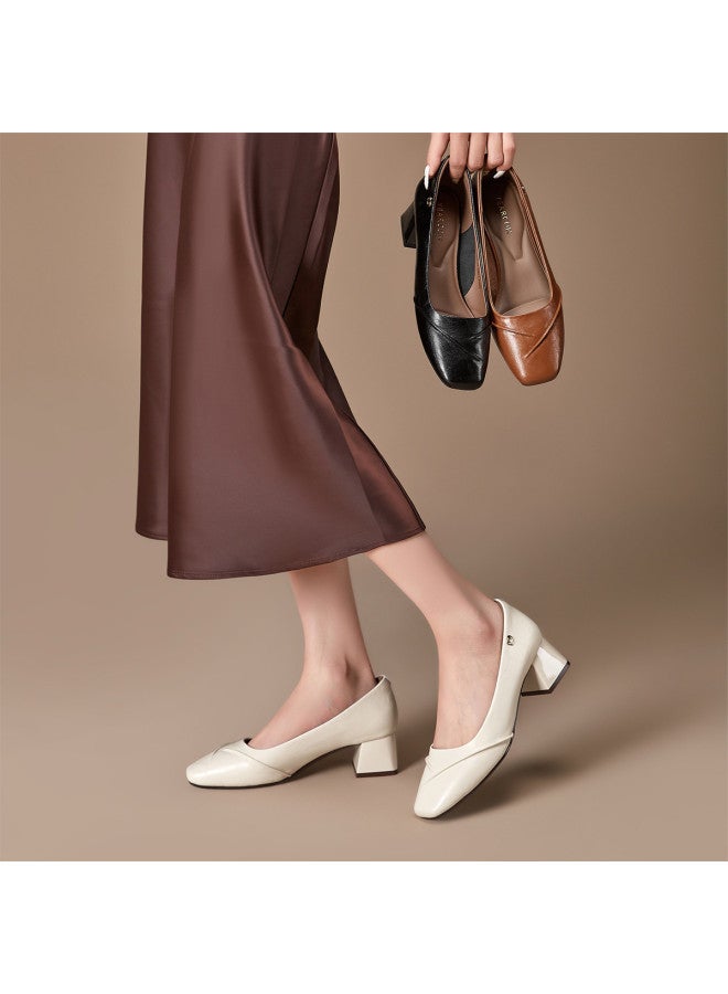 YEARCON Years Spring And Autumn New Daily Slip-on Commute Square-toe Women's Flats, Minimalist Chunky Heel Wrinkle-textured Fashion Shoes - Image 4