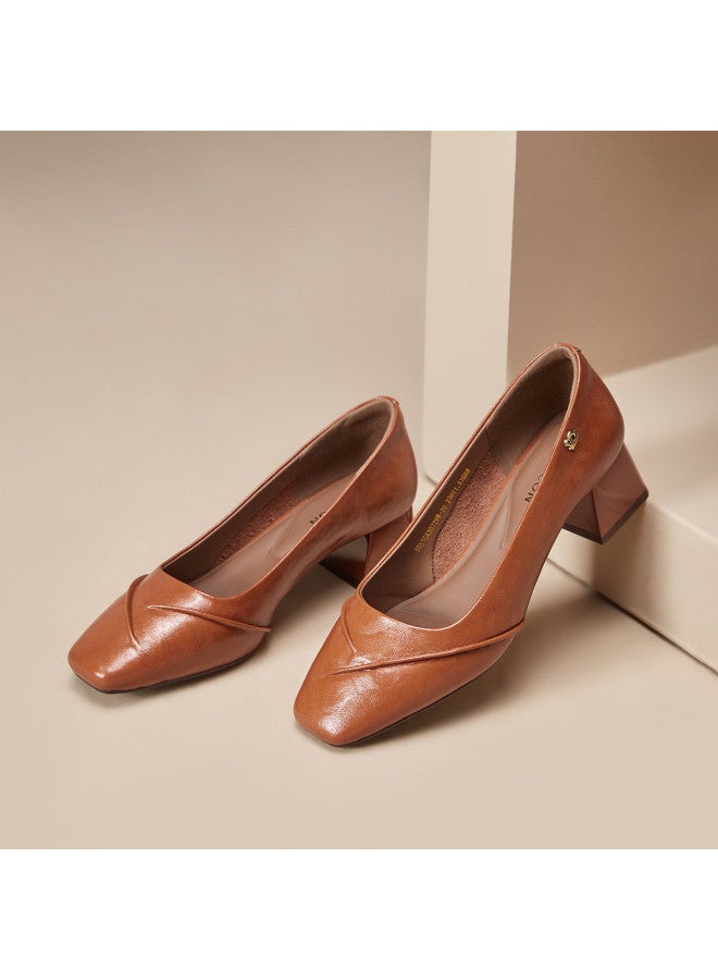 YEARCON Years Spring And Autumn New Daily Slip-on Commute Square-toe Women's Flats, Minimalist Chunky Heel Wrinkle-textured Fashion Shoes - Image 5