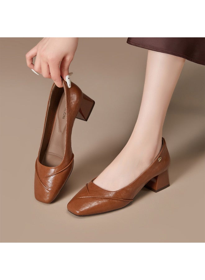 YEARCON Years Spring And Autumn New Daily Slip-on Commute Square-toe Women's Flats, Minimalist Chunky Heel Wrinkle-textured Fashion Shoes - Image 2