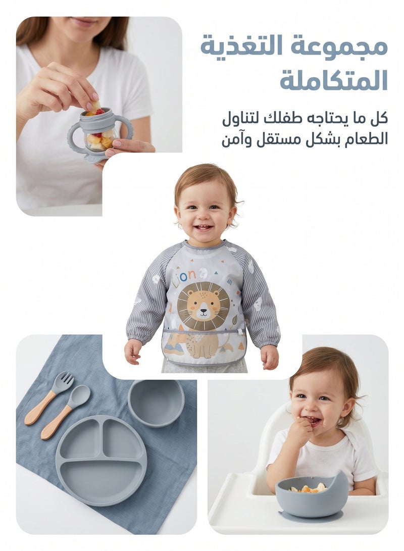ZERIFAM 16-Pcs Baby Silicone Feeding Set, Food-Grade Self-Feeding Utensils with Suction Plate, Bowl, Bib, Sippy Cup, Training Spoons, Teething Feeder & Finger Toothbrushes, BPA-Free, Waterproof, for Toddlers & Infants, Grey - Image 4