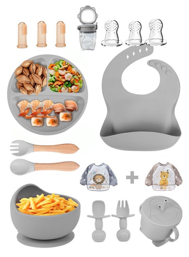 ZERIFAM 16-Pcs Baby Silicone Feeding Set, Food-Grade Self-Feeding Utensils with Suction Plate, Bowl, Bib, Sippy Cup, Training Spoons, Teething Feeder & Finger Toothbrushes, BPA-Free, Waterproof, for Toddlers & Infants, Grey - Image 1