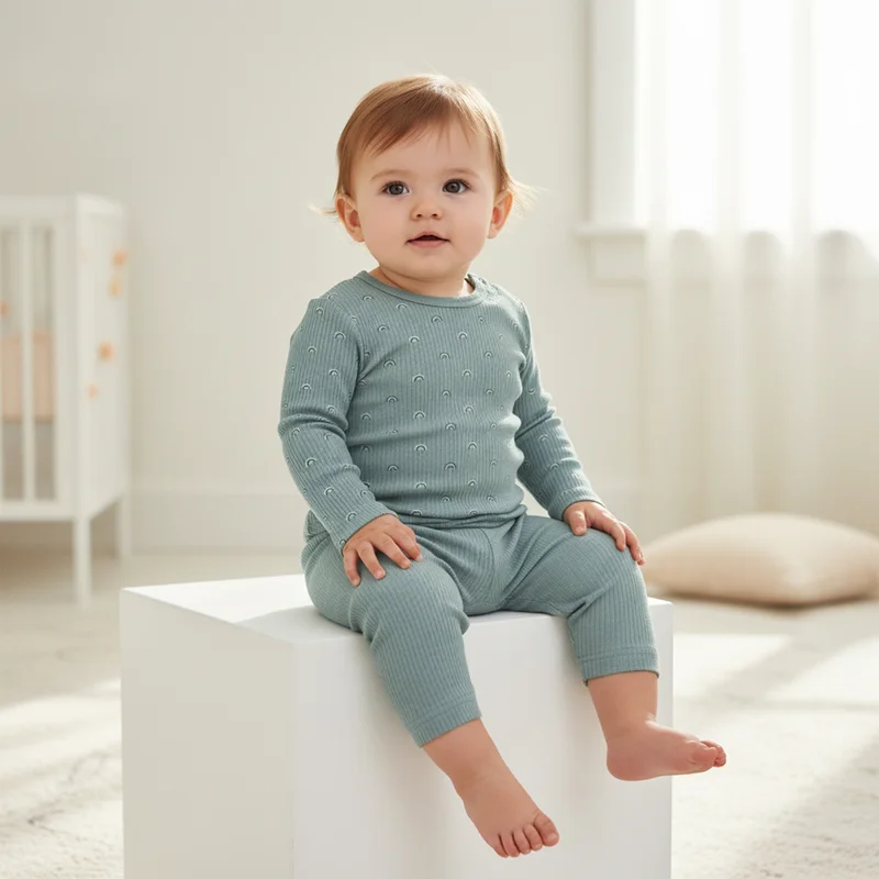 Babies Basic Babies Basic Ribbed Cotton Printed Long Sleeves T-shirt and Pyjama Set, Green