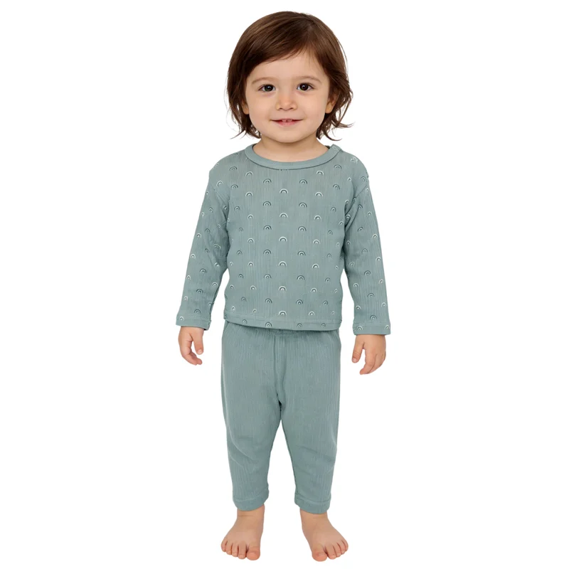 Babies Basic Babies Basic Ribbed Cotton Printed Long Sleeves T-shirt and Pyjama Set, Green