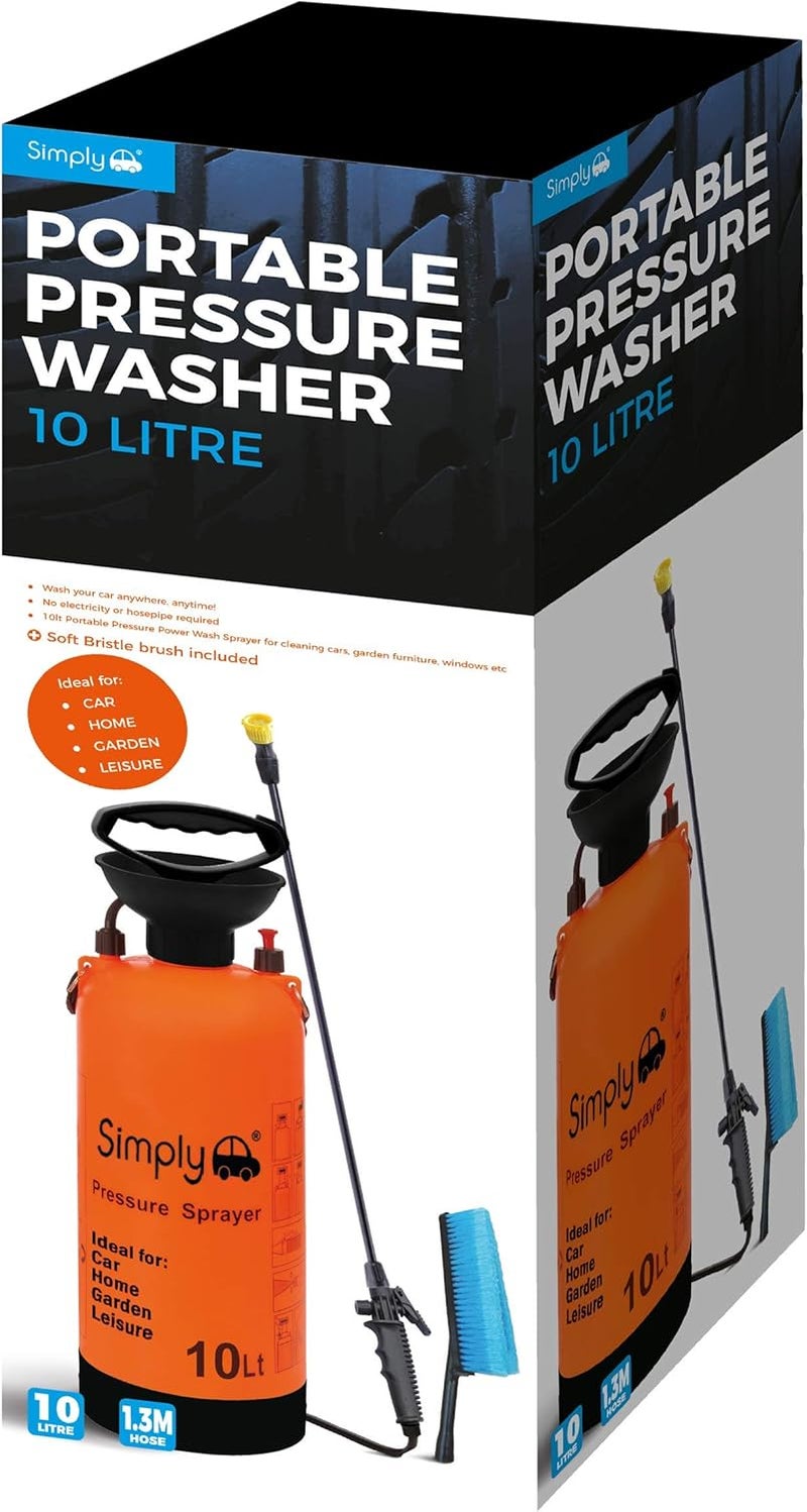 SIMPLY PPS10 Portable 10L Pressure Washer with Brush Hose Attachment - Lightweight & Durable for Vehicles, Gardens & Decking - Image 1