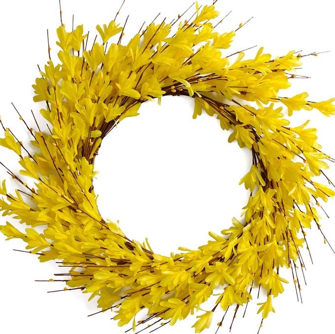 20INCH ARTIFICIAL FORSYTHIA FLOWER WREATHS SPRING SUMMER FALL WREATH SILK LEAVES WREATH FOR FRONT DOOR WREATHS PORCH FARMHOUSE PATIO GARDEN HOME DECOR YELLOW