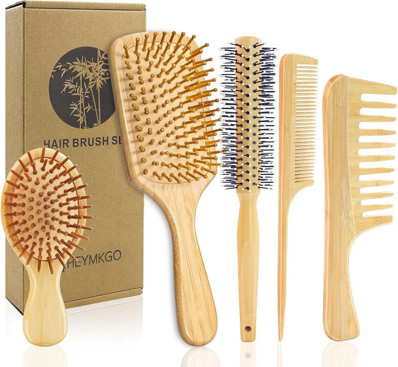 HEYMKGO Bamboo Hair Brush Set Hairbrush 5PCS for Long Short Curly Thick Thin HairNatural Paddle Hair Brush with Scalp Massage EcoFriendly Bamboo Comb for All Hair TypesNo More Tangle