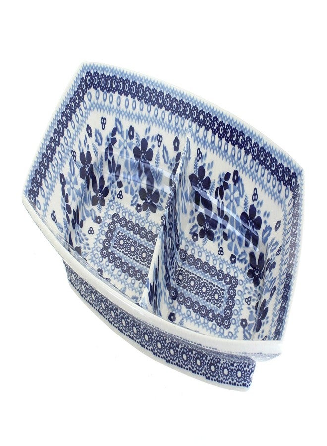 Blue Rose Pottery Blue Rose Polish Pottery - Vintage Blue Daisy Divided Dish - 11" Long - Unique Dish for Appetizers, Nuts, or Candy - Image 1