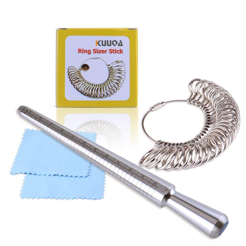 Kuuqa Aluminium Ring Sizer Mandrel and Stainless Iron Ring Sizer Guage Set with 2 Piece Jewelry Polishing Cloth