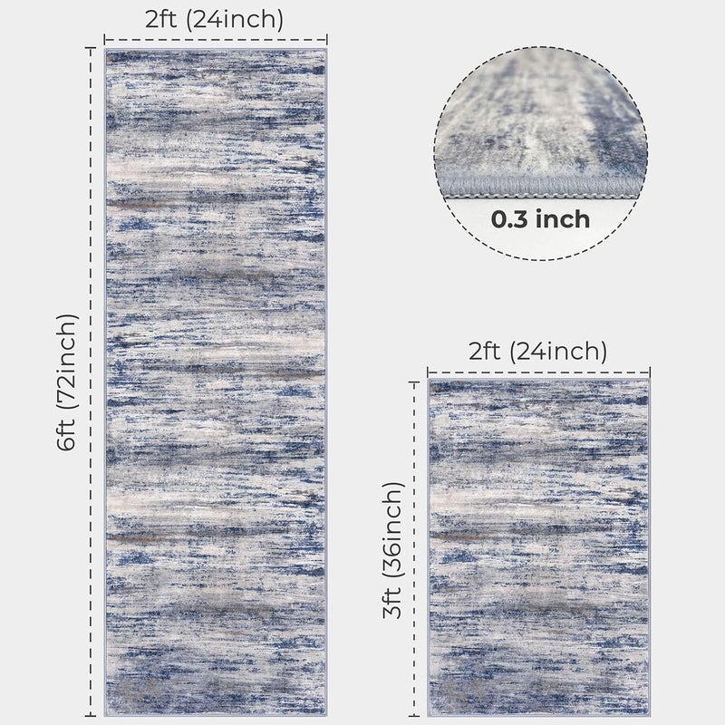 KOZYFLY Modern Abstract Area Rugs 2PCS 2x3 and 2x6 Blue-Grey Machine Washable Runner Rug Non-Slip Living Room Rug, Faux Wool Soft Low Pile Office Carpet for Hallway Entryway Bathroom Bedroom - Image 2