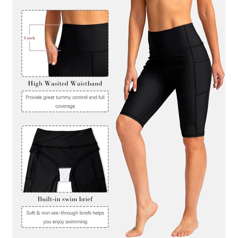 Women's Swim Shorts with High Waist and Pockets, UPF 50+, Long Board Swim Trunks with Lining for Women - Image 5