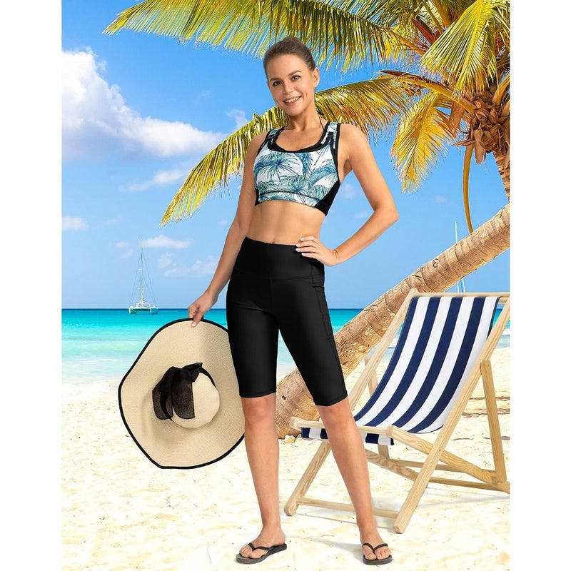 Women's Swim Shorts with High Waist and Pockets, UPF 50+, Long Board Swim Trunks with Lining for Women - Image 2