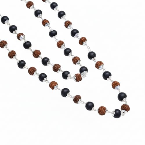 Japam Silver Plated Rudraksha & Karungali Mala 54 Beads (6mm) | Original Rudraksha & Karungali Mala | Spiritual Protection, Positivity & Meditation Necklace | Certified Authentic | Gift for Men & Women - Image 1