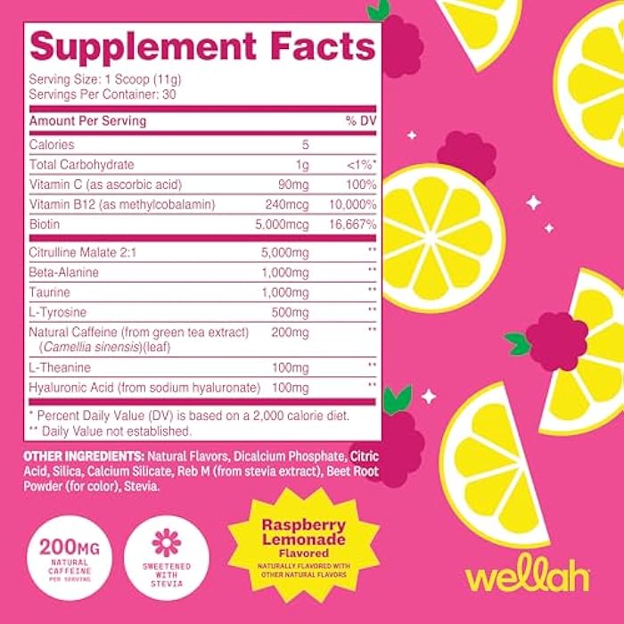 Wellah Get-Going Pre-Workout Drink Mix (Raspberry Lemonade Flavored, 30 Servings) - with Citrulline Malate and L-Theanine, 200mg of Natural Caffeine & 1000mg of Beta-Alanine - Image 2