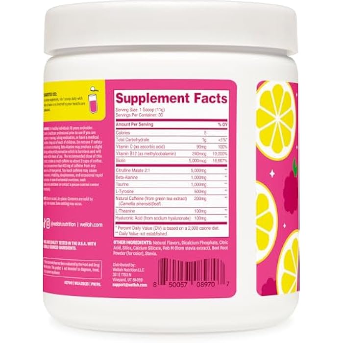 Wellah Get-Going Pre-Workout Drink Mix (Raspberry Lemonade Flavored, 30 Servings) - with Citrulline Malate and L-Theanine, 200mg of Natural Caffeine & 1000mg of Beta-Alanine - Image 4