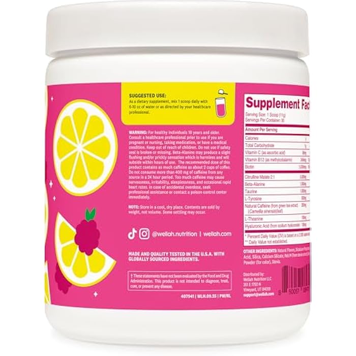 Wellah Get-Going Pre-Workout Drink Mix (Raspberry Lemonade Flavored, 30 Servings) - with Citrulline Malate and L-Theanine, 200mg of Natural Caffeine & 1000mg of Beta-Alanine - Image 3