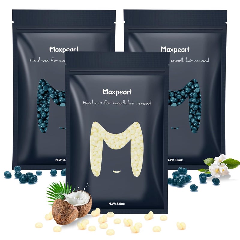 Maxpearl Hard Wax Beads Pack of 3 Hair Removal Wax Beans Refill  Brazilian Bikini Waxing Face Eyebrows Underarms Arms Chest Back Legs  Coconut  Jasmine Formula 300g