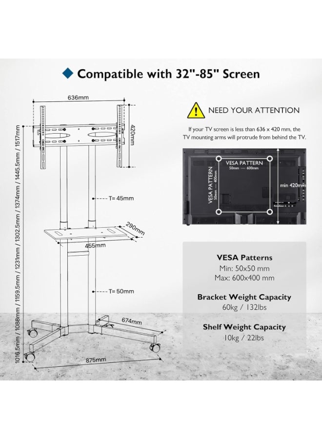 Universal Mobile TV Stand for 32-85 Inch Plasma/LCD/LED/OLED Televisions, Castors, Max Load 60 kg, Max VESA 600 x 400 mm - Image 3