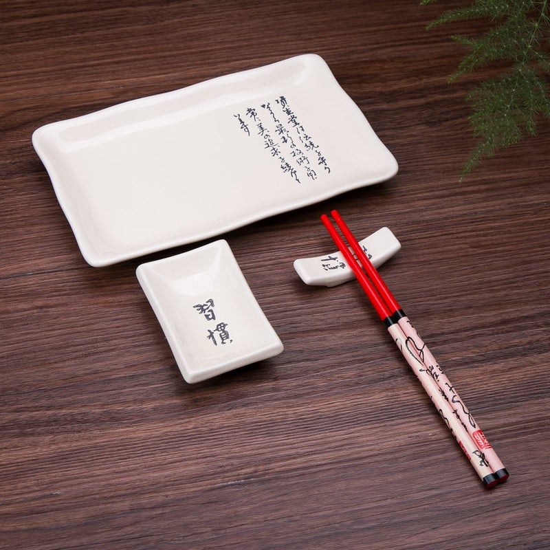 THY COLLECTIBLES طقم أطباق سوشي ياباني 4 قطع أبيض بتصميم خط صيني - Image 2