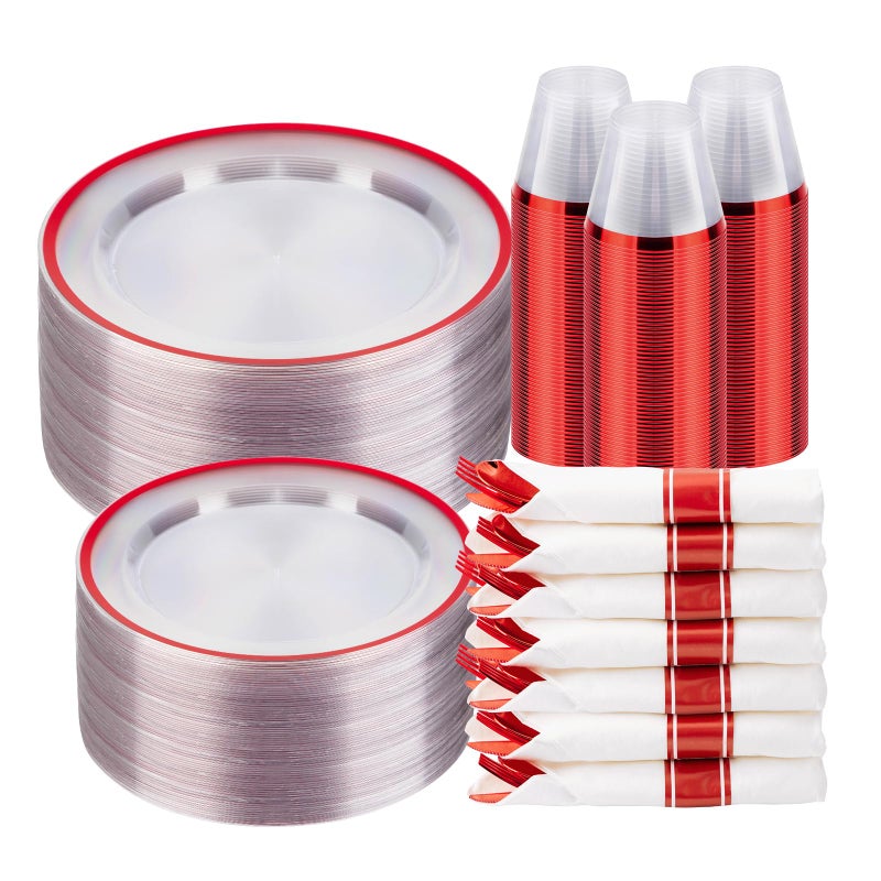 BESTSTAR 350PCS Clear  Red Disposable Party Set for 50 Guests  100 Plates 50 Cups 50 Napkins  Plastic Cutlery