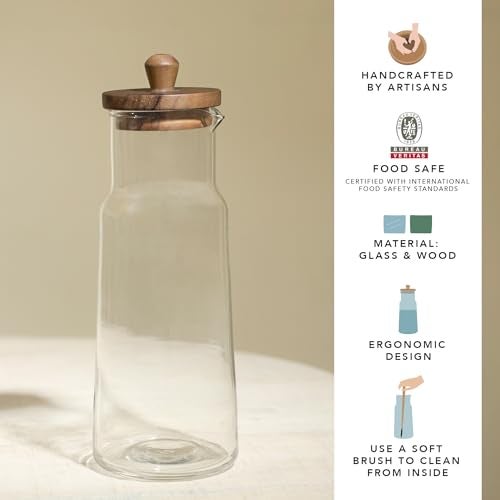 Ellementry Glass Carafe with Wooden Lid – 1L, Clear Glass Pitcher for Hot & Cold Water, Juice, Coffee, Iced Tea, Milk, Cocktail & Wine, Transparent Beverage Server for Dining Table, Kitchen & Parties - Image 2
