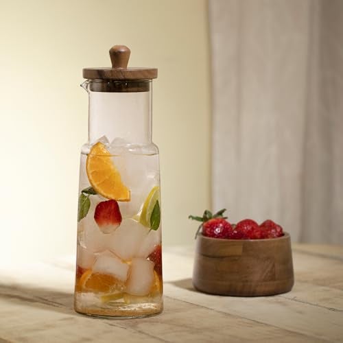 Ellementry Glass Carafe with Wooden Lid – 1L, Clear Glass Pitcher for Hot & Cold Water, Juice, Coffee, Iced Tea, Milk, Cocktail & Wine, Transparent Beverage Server for Dining Table, Kitchen & Parties - Image 1