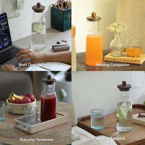 Ellementry Glass Carafe with Wooden Lid – 1L, Clear Glass Pitcher for Hot & Cold Water, Juice, Coffee, Iced Tea, Milk, Cocktail & Wine, Transparent Beverage Server for Dining Table, Kitchen & Parties - Image 3
