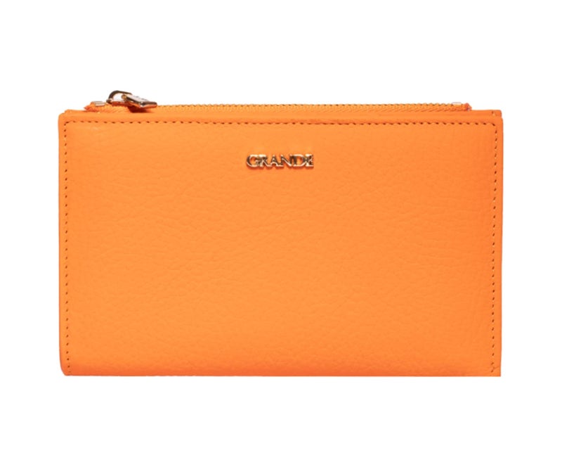 grande 2804 Genuine Leather Medium Bifold Wallet For Women Minimalist Wallet Ladies Zippered Mini Purse Small Card Holder (Orange) - Image 1